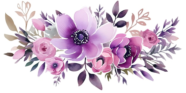 Bukiet kwiatów akwarelowych fioletowych odizolowanych
