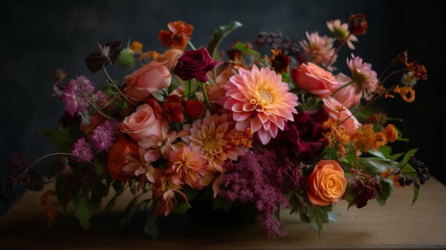 Bukiet kwiatów jest wystawiony na stole.