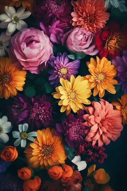 Bukiet kwiatów, które są kolorowe i mają ciemne tło.