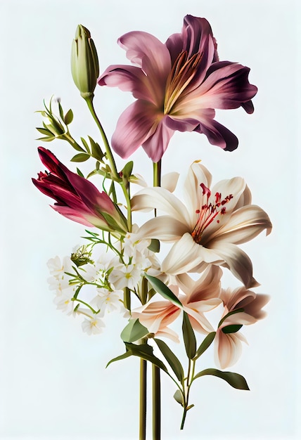 Bukiet kwiatów na białym tle pojedyncze jasne kolory tęczy róże