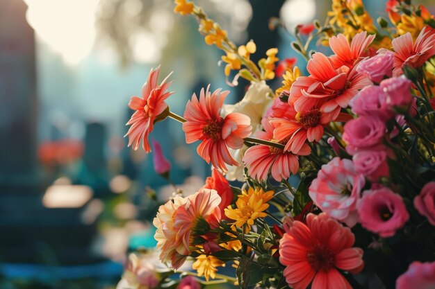Bukiet kwiatów na cmentarzu symbolizujący pogrzeb