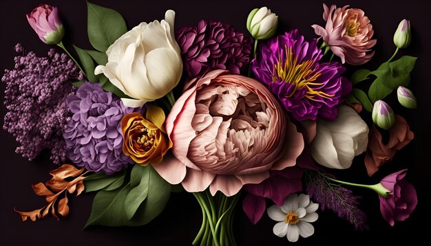 Bukiet kwiatów na fioletowym tle i białym kwiatkiem na dole.