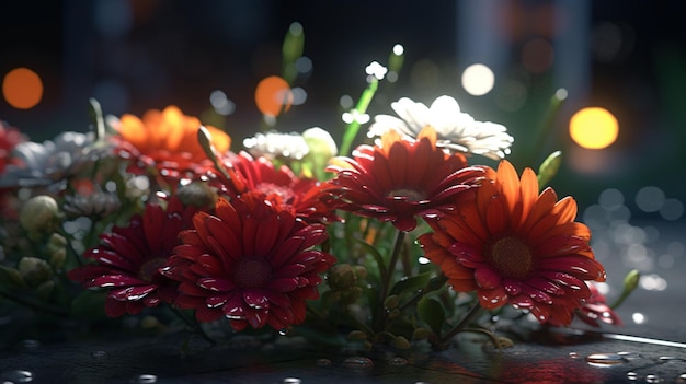 Bukiet kwiatów na stole ze świecącym na nie słońcem