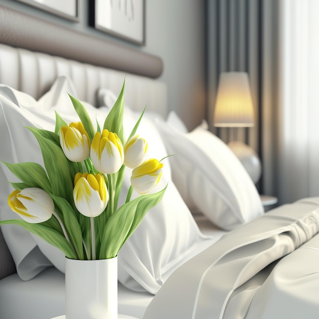 bukiet kwiatów tulipanów na białym łóżku w pokoju hotelowym