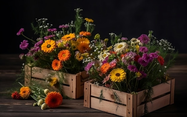 Bukiet kwiatów w drewnianych skrzyniach na czarnym tle
