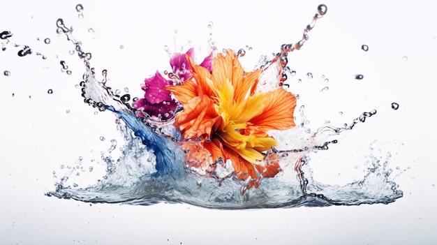 Bukiet kwiatów w kolorowych bryzgach wody na białym tle kolorowe kolory