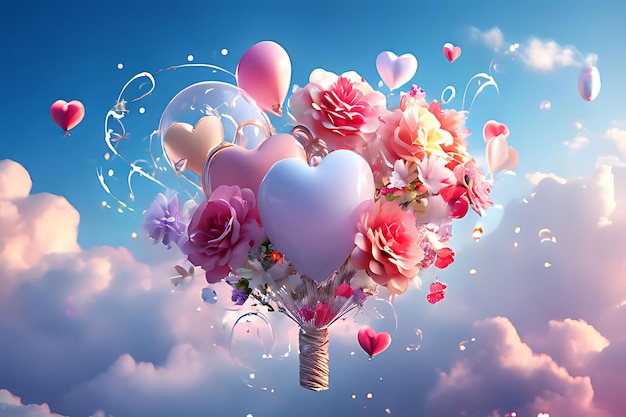 bukiet kwiatów w kształcie serca i serca na niebieskim tle