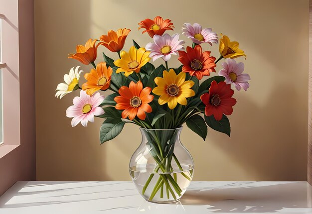 Bukiet kwiatów w wazonie na stole w pokoju