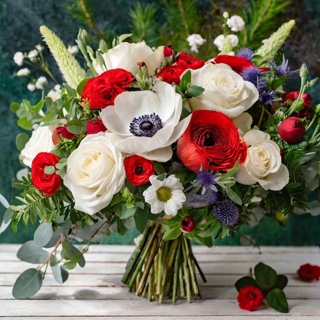 Zdjęcie bukiet kwiatów z białymi różami, czerwonymi anemonami i zielenią