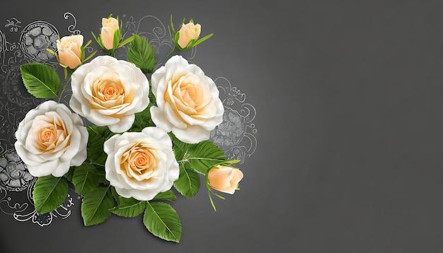 Bukiet kwiatów z kremowymi różami na ciemno szarym tle Piękny szablon z przestrzenią do kopiowania