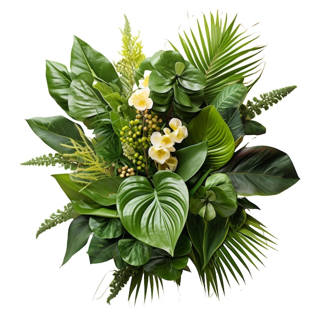 Zdjęcie bukiet kwiatów z tropikalnymi liśćmi arrangement kwiatowy bukiet letni lub bukiet kwiat wiosenny