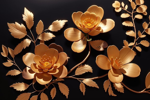 bukiet kwiatów ze złotymi liśćmi i złotymi listami