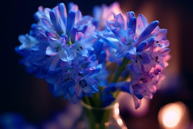 Bukiet pięknych niebieskich i liliowych hiacyntów Zbliżenie wiosennych kwiatów w wazonie bulwiastym Generative AI
