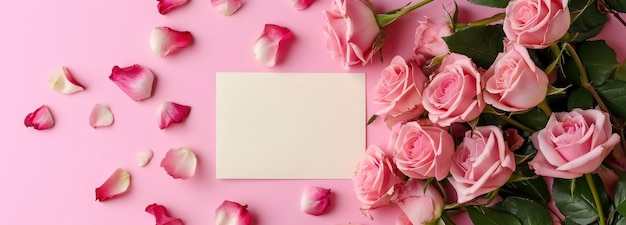 Bukiet pięknych świeżych róż z kartką na różowym tle widok z góry Walentynki Dzień Matki