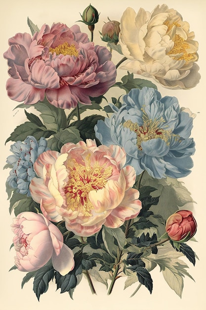 Bukiet piwonii z różowym i niebieskim kwiatkiem na czubku.