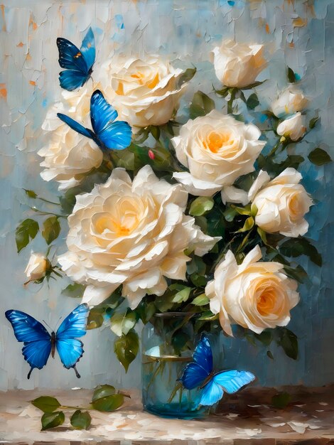 bukiet róż beżowych w wazonie i niebieskie tropikalne motyle malowane farbami olejowymi