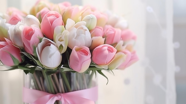 Zdjęcie bukiet róż i tulipanów w słoiku może być używany do zaproszeń, kart ślubnych.