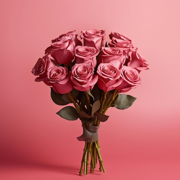 Zdjęcie bukiet róż jest na różowym tle.