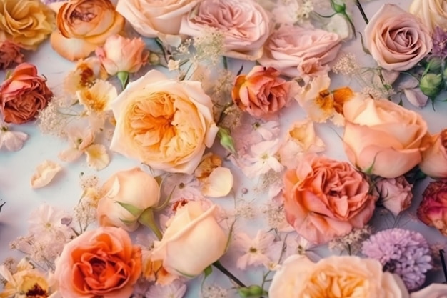 Bukiet róż leży na stole z różowym tłem.