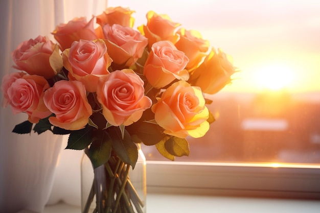 Bukiet róż w wazonie na stole w świetle zachodzącego słońca Walentynki