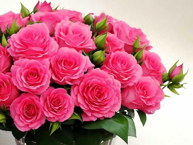 Bukiet różowych i fioletowych świeżych róż w szklanym wazonie izolowanym na białym tle