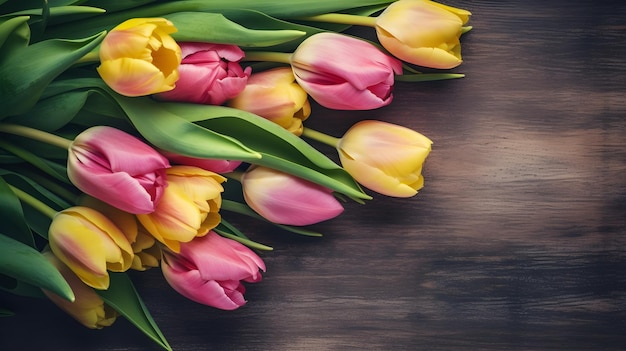 Bukiet różowych i żółtych tulipanów na drewnianym tle z copyspace
