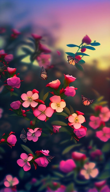 Bukiet różowych kwiatów siedzących na bujnej zieleni pola generatywnego ai