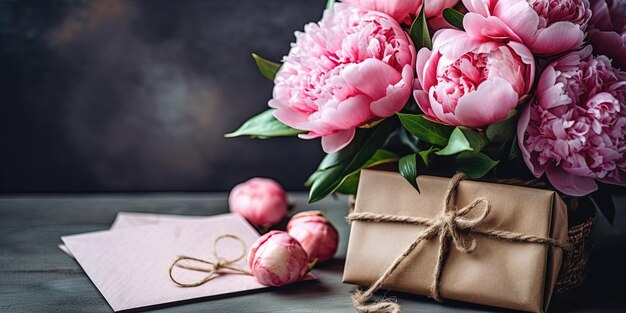 Zdjęcie bukiet różowych pioni na stole koperta z różowym papierem serce wysyłające kwiaty z miłością