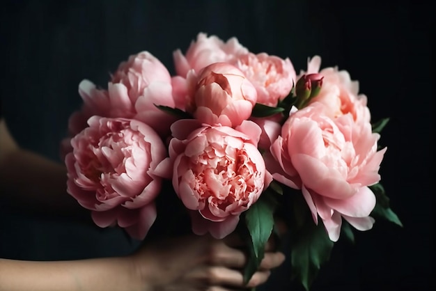Bukiet różowych piwonów w kobiecej ręce Piękny kwiat piwonów