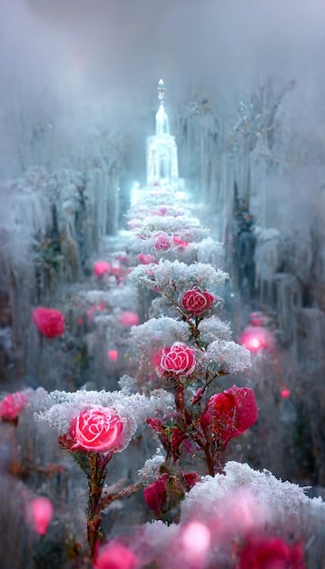 Bukiet różowych róż, które są w generatywnej ai śniegu