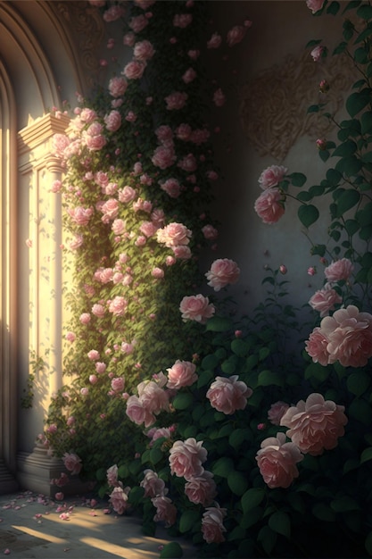 Bukiet różowych róż rosnących z boku budynku generatywnego ai