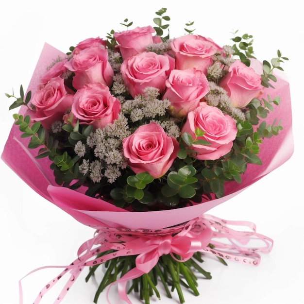Bukiet różowych róż z różową wstążką.