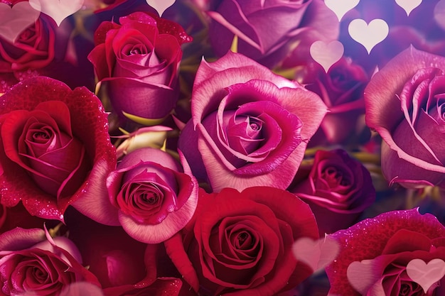 Bukiet różowych róż z sercami na nich generatywne AI