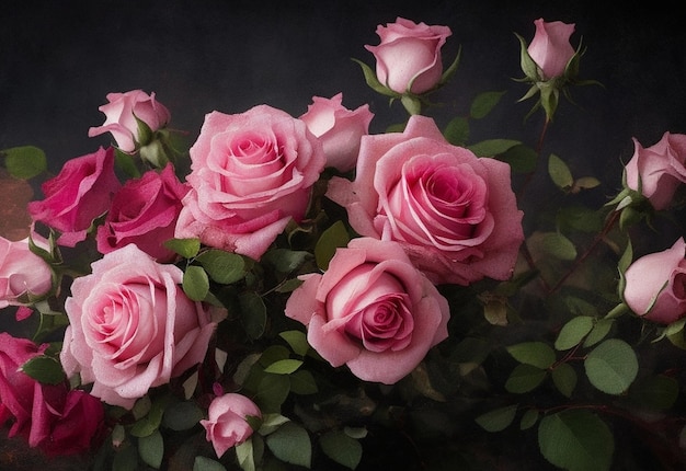 Bukiet różowych róż z zielonymi liśćmi