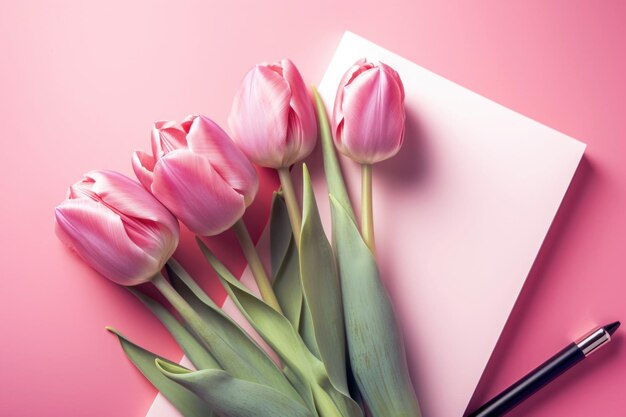 Bukiet różowych tulipanów i pusty notatnik Wiosenne kwiaty leżą na otwartym notatniku Ai wygenerowany