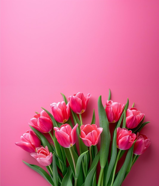 bukiet różowych tulipanów na różowym tle