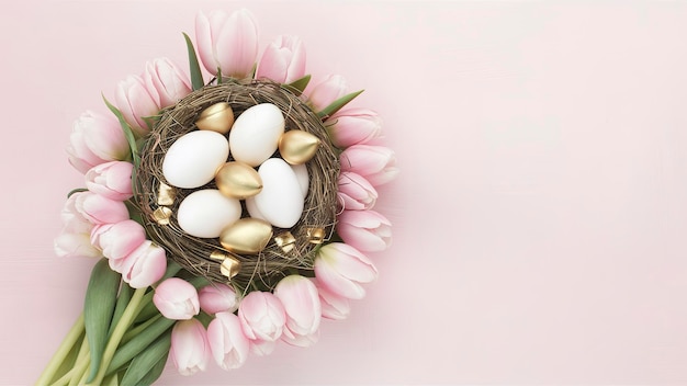 Bukiet różowych tulipanów z wieniecowym gniazdem i białymi jajkami ze złotem na różowym tle