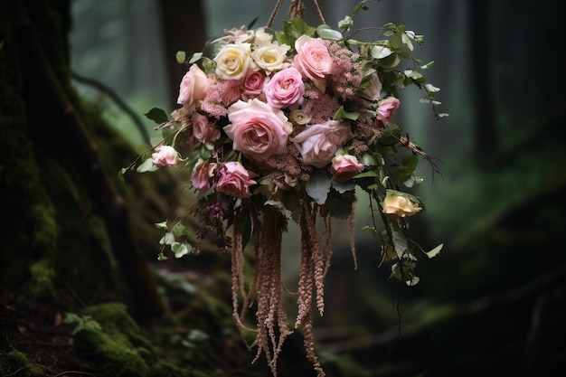 Bukiet ślubny z mieszanką róż i pieonów