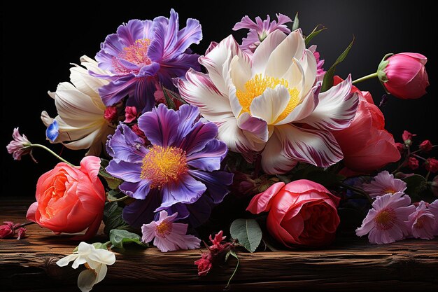 Bukiet świeżo zebranych kwiatów na drewnianym stole