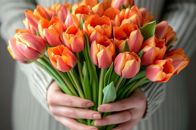 Bukiet świeżych pomarańczowych tulipanów w rękach kobiet