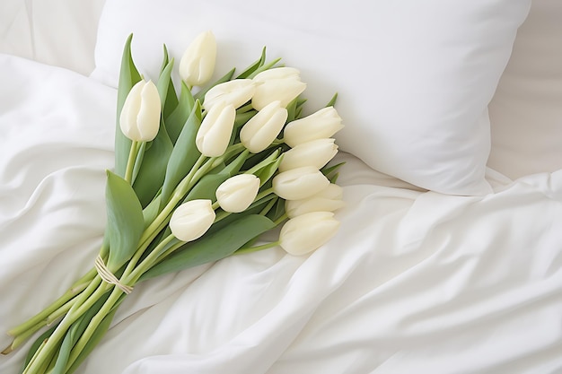 Bukiet świeżych tulipanów w białym łóżku z góry