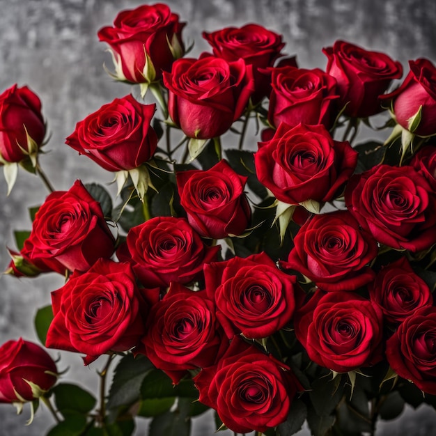 Bukiet tętniących życiem czerwonych róż na niewyraźnym szarym tle