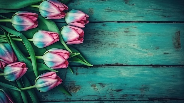 Bukiet tulipanów na niebieskim tle drewnianych