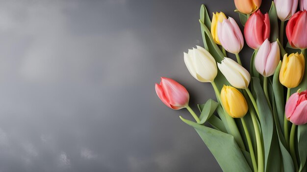Bukiet tulipanów na szarym tle z przestrzenią kopiowania jako koncepcja kartki powitalnej na Dzień Kobiet