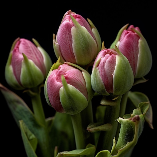 Bukiet tulipanów piwonii na czarnym tle Generacyjna sztuczna inteligencja