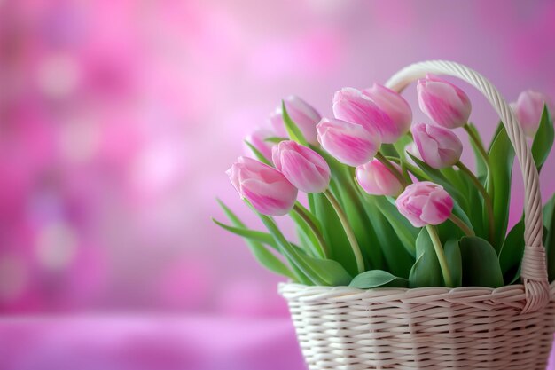 Zdjęcie bukiet tulipanów w koszu na różowym tle