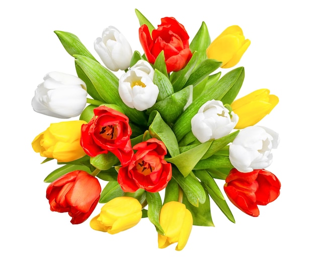 Bukiet tulipanów widok z góry na białym tle