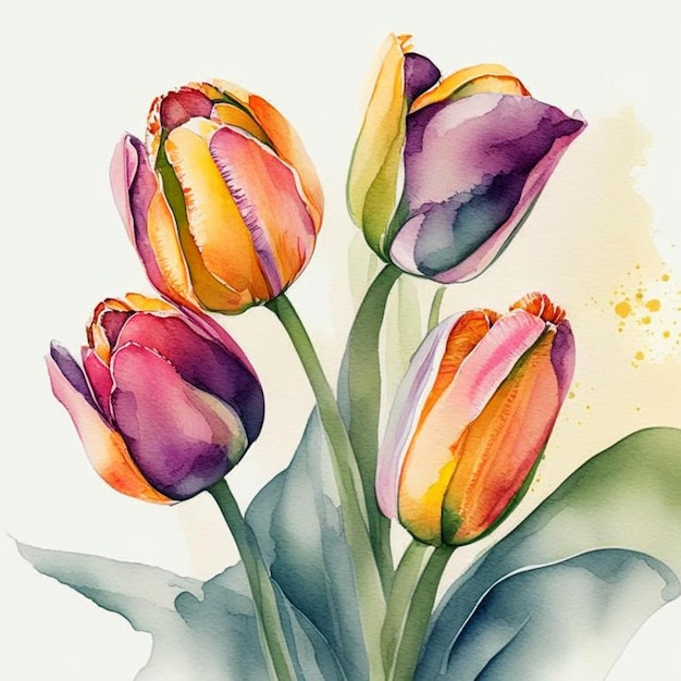 Bukiet tulipanów z zielonymi liśćmi Świeże kwiaty na jasnym tle