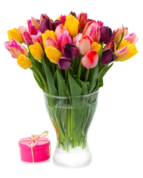 Bukiet wielobarwnych świeżych kwiatów tulipanów w wazonie na białym tle