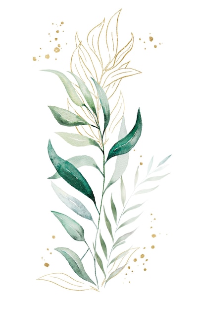Bukiet z zielonych i złotych akwareli liści eukaliptusa izolowana ilustracja Botaniczny pionowy element do romantycznego ślubu papiernicze kartki z pozdrowieniami drukowanie i rzemiosło